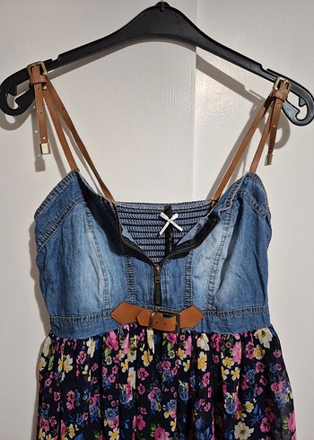 Çiçek Desenli Kot Mini Elbise - Görsel 2