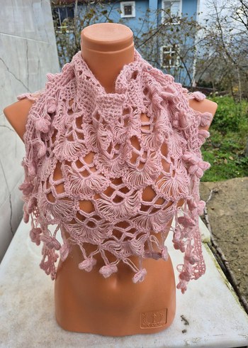 Pembe Dantel Detaylı Bohem Örgü Kadın Şal - Görsel 2