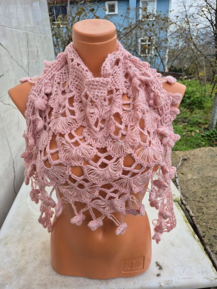 Pembe Dantel Detaylı Bohem Örgü Kadın Şal - Görsel 2