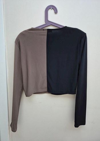 Kadın Siyah Kahverengi Uzun Kollu Crop Top - Görsel 2