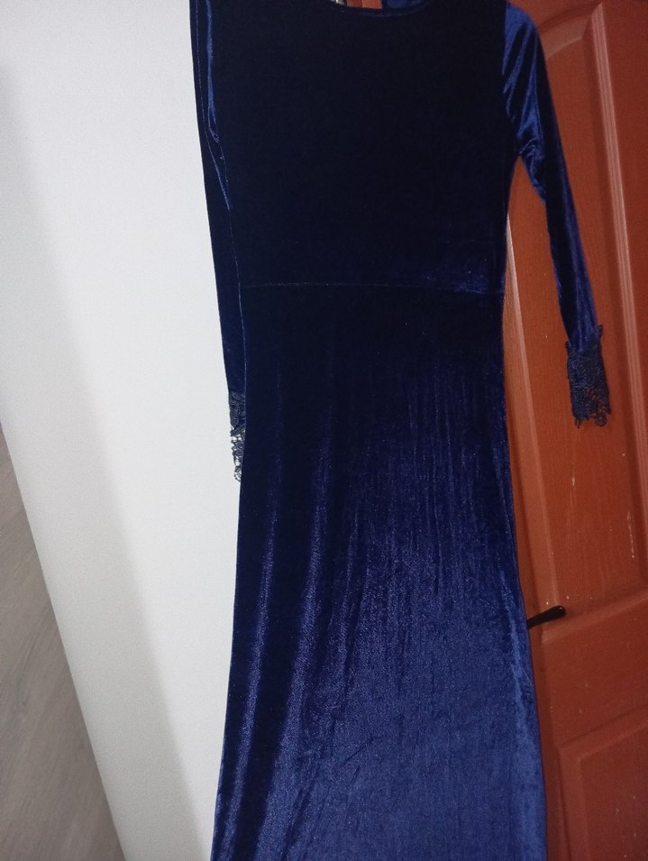 Mavi Parlak Nakışlı Midi Kadın Elbise - Görsel 3