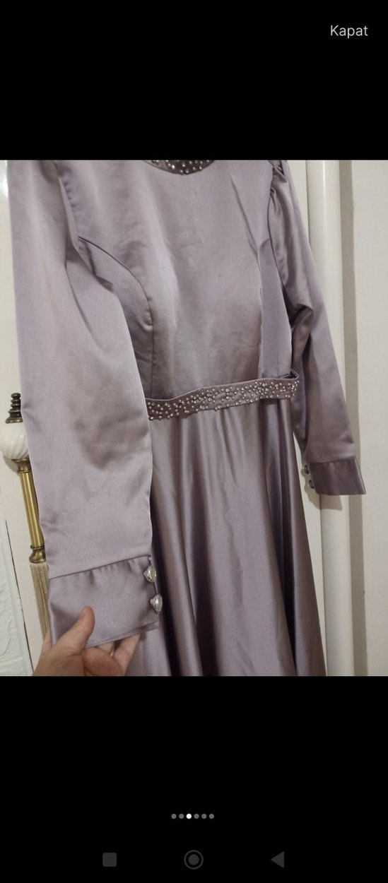 Uzun Gri Drapeli Abiye Elbise - Görsel 5