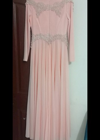 Pembe Uzun Kollu Drapeli Abiye Elbise - Görsel 5