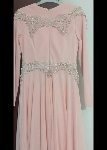 Pembe Uzun Kollu Drapeli Abiye Elbise - Görsel 3