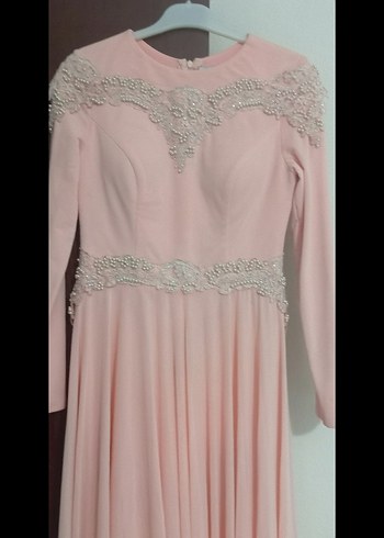 Pembe Uzun Kollu Drapeli Abiye Elbise - Görsel 6