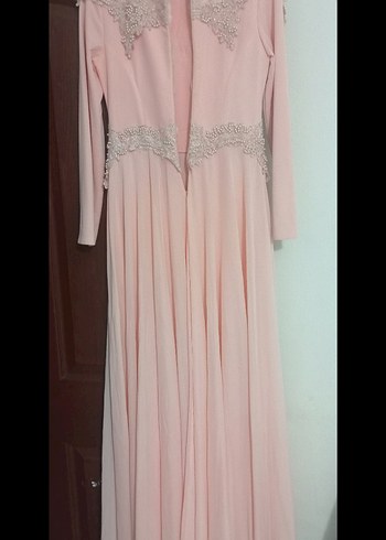 Pembe Uzun Kollu Drapeli Abiye Elbise - Görsel 4