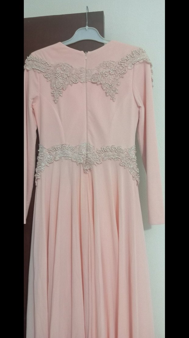 Pembe Uzun Kollu Drapeli Abiye Elbise - Görsel 3