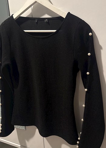 İnci Detaylı Siyah Uzun Kollu Triko - Görsel 2