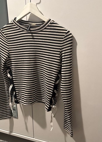 Düğmeli Çizgili Gri Kadın Kazak - Görsel 2