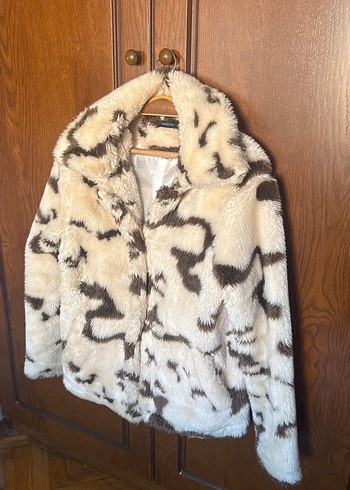 Kahverengi Zebra Desenli Kadın Peluş kürk ceket - Görsel 2