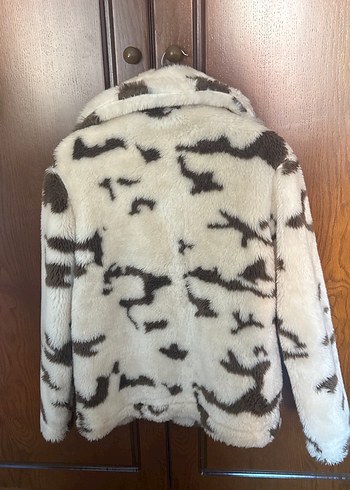 Kahverengi Zebra Desenli Kadın Peluş kürk ceket - Görsel 4