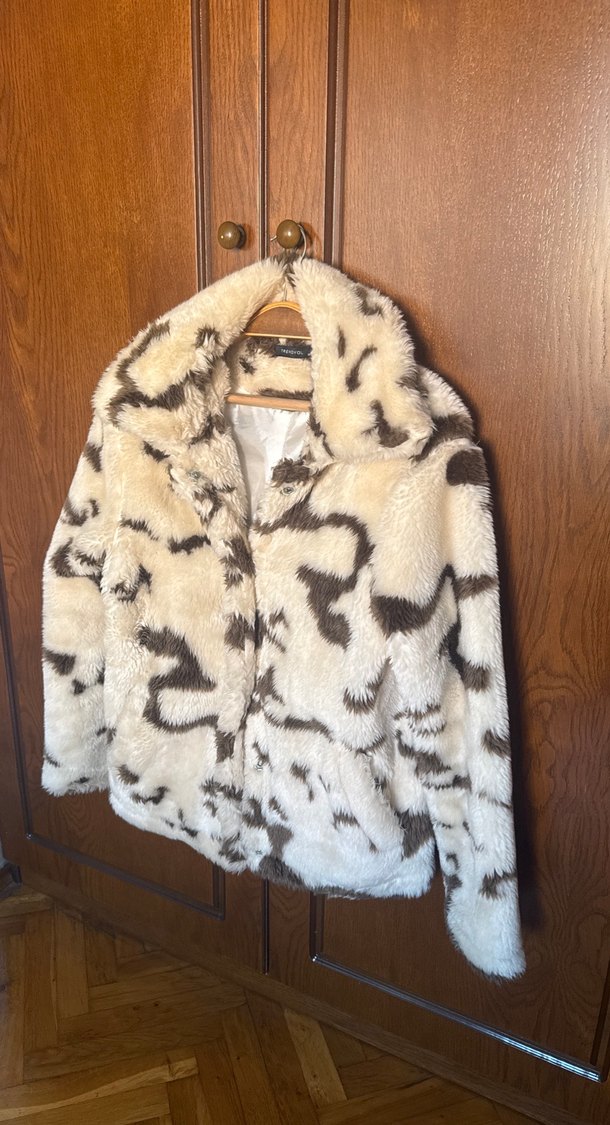 Kahverengi Zebra Desenli Kadın Peluş kürk ceket - Görsel 2