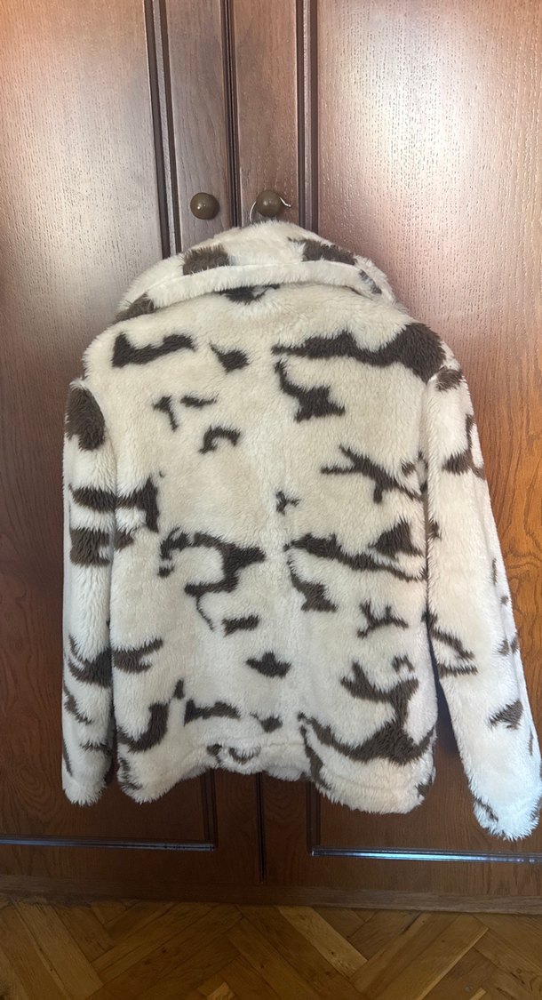 Kahverengi Zebra Desenli Kadın Peluş kürk ceket - Görsel 4