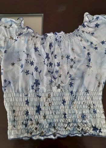 Gri Mavi Nakışlı Bohem Kısa Bluz - Görsel 3