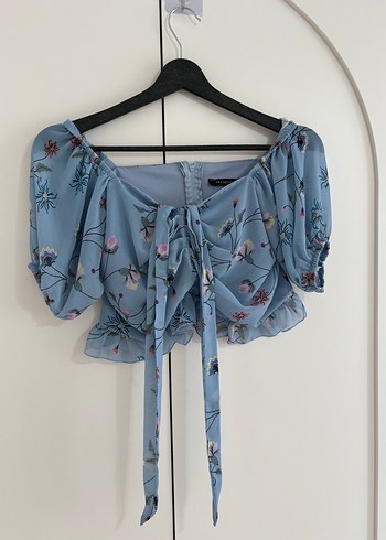Mavi Çiçekli Bohem Mini Bluz