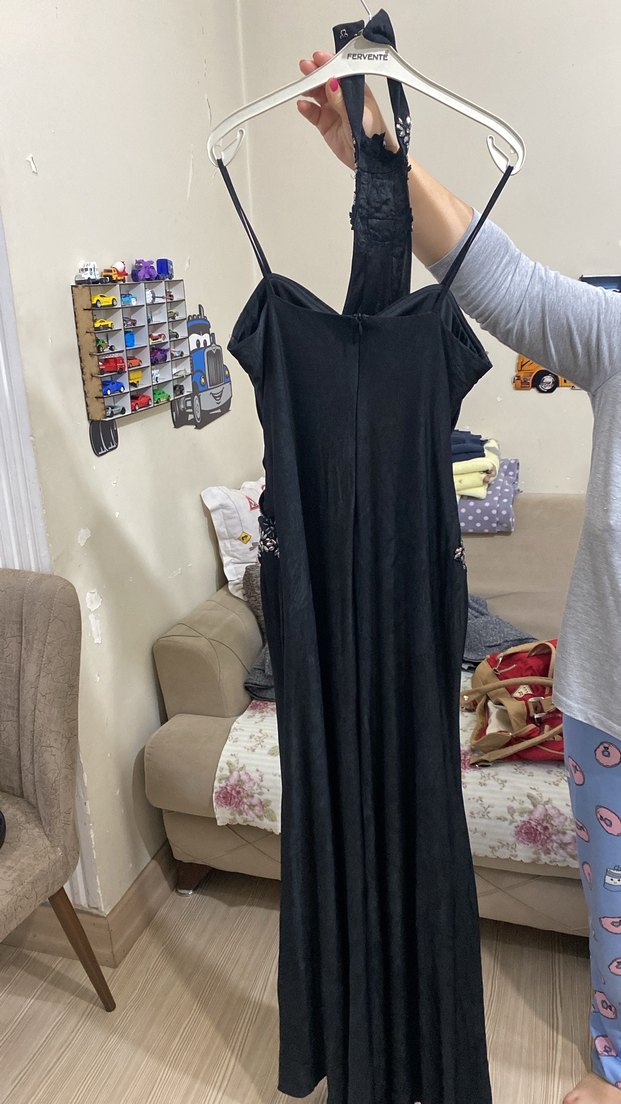 Siyah V Yakalı Uzun Drapeli Kadın Abiye Elbise - Görsel 2