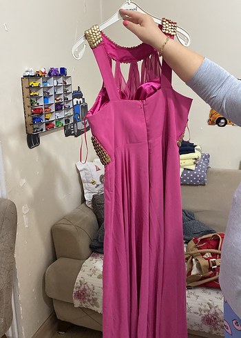 Pembe Drapeli Halter Yaka Uzun Abiye Elbise - Görsel 2