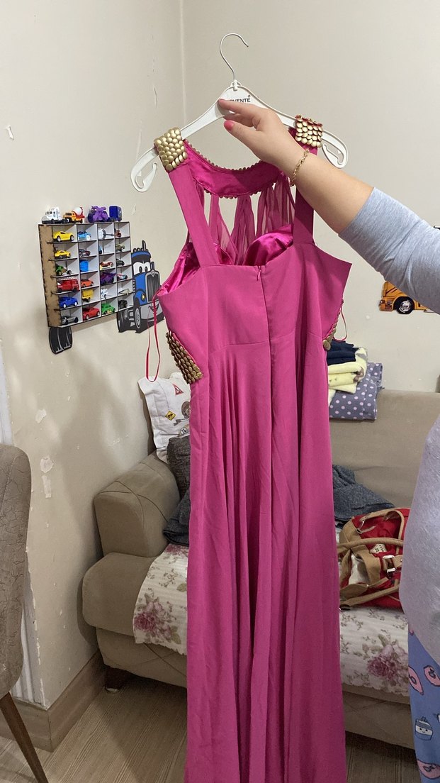 Pembe Drapeli Halter Yaka Uzun Abiye Elbise - Görsel 2