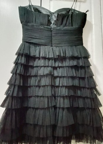 Siyah Kat Kat Fırfırlı Midi Abiye Elbise - Görsel 2