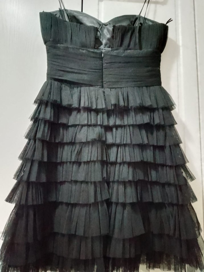 Siyah Kat Kat Fırfırlı Midi Abiye Elbise - Görsel 2