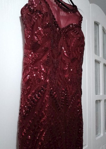 Bordo Dantel İşlemeli Uzun Abiye Elbise - Görsel 2