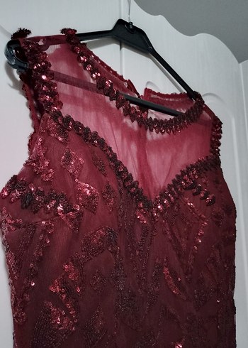 Bordo Dantel İşlemeli Uzun Abiye Elbise - Görsel 4