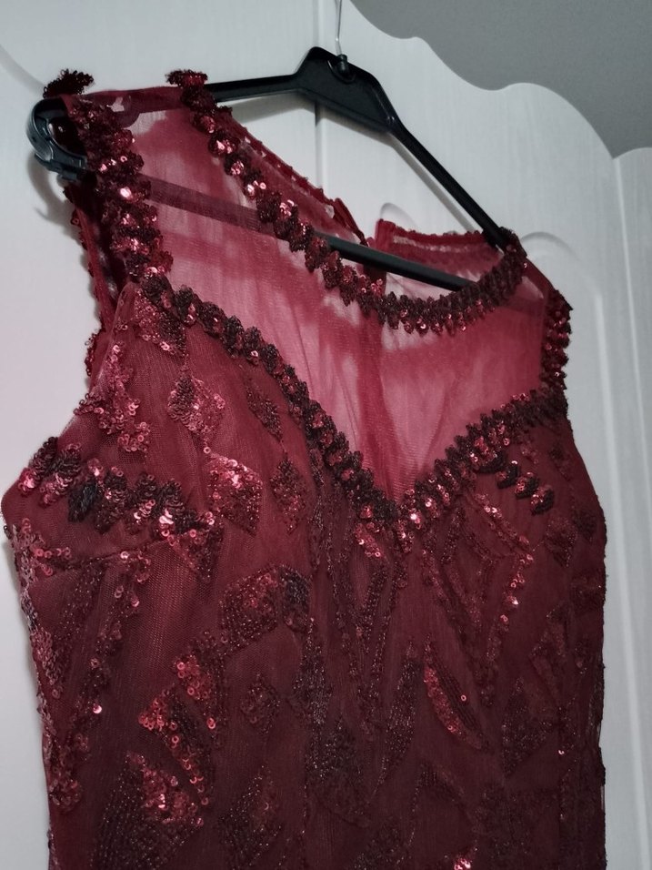 Bordo Dantel İşlemeli Uzun Abiye Elbise - Görsel 4