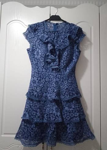 Lacivert Dantelli Kısa Kolsuz Mini Elbise - Görsel 3