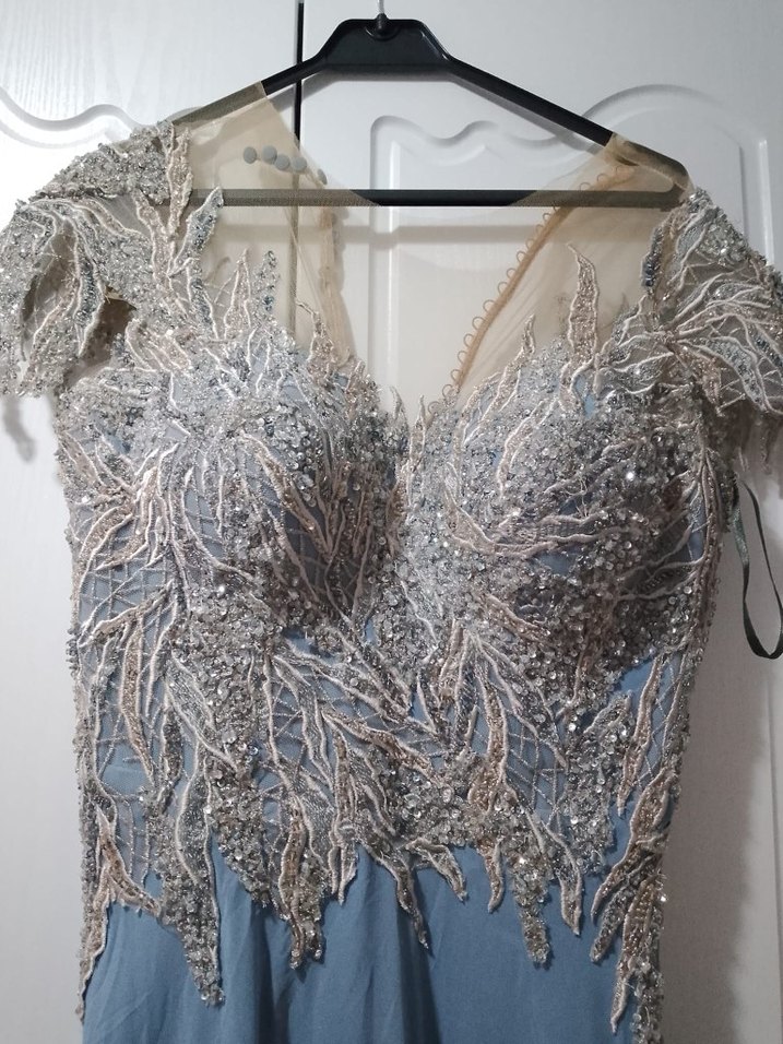 Nakışlı Mavi Uzun Abiye Elbise - Görsel 2