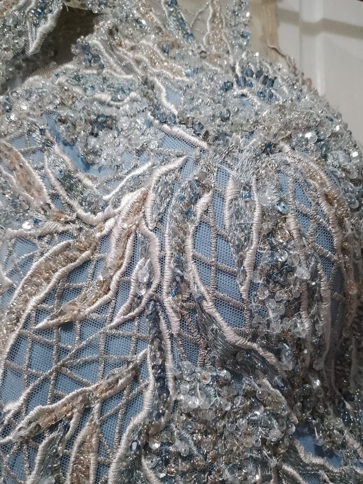 Nakışlı Mavi Uzun Abiye Elbise - Görsel 3