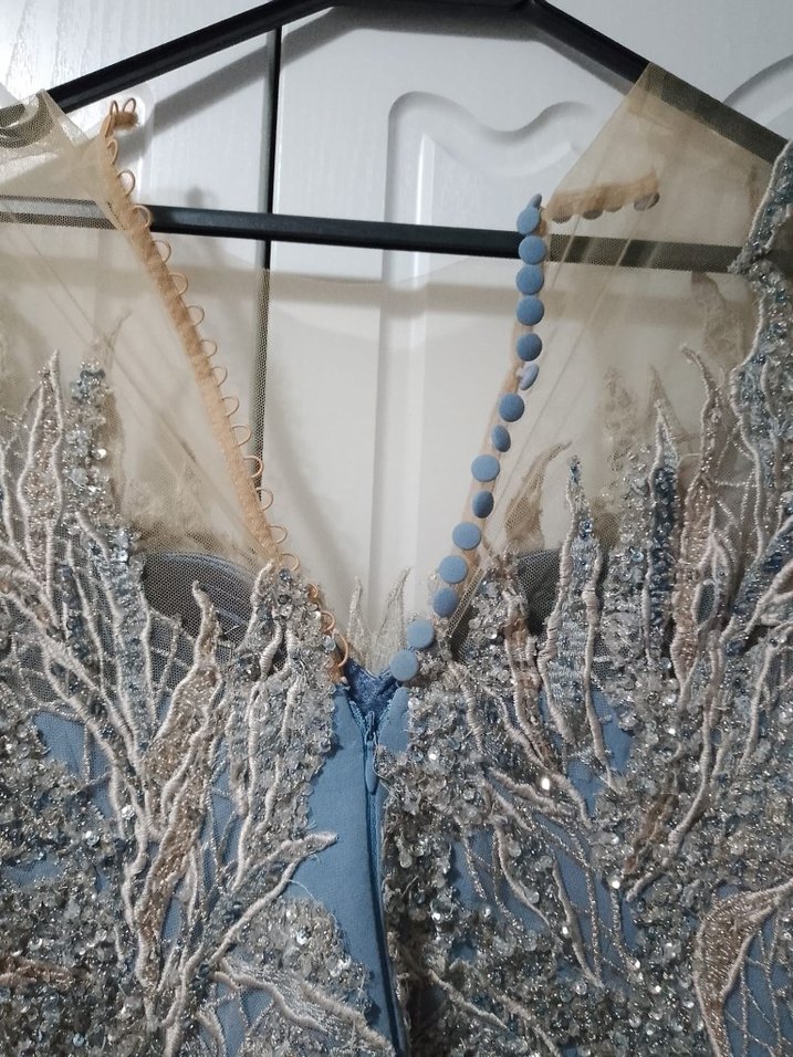 Nakışlı Mavi Uzun Abiye Elbise - Görsel 4