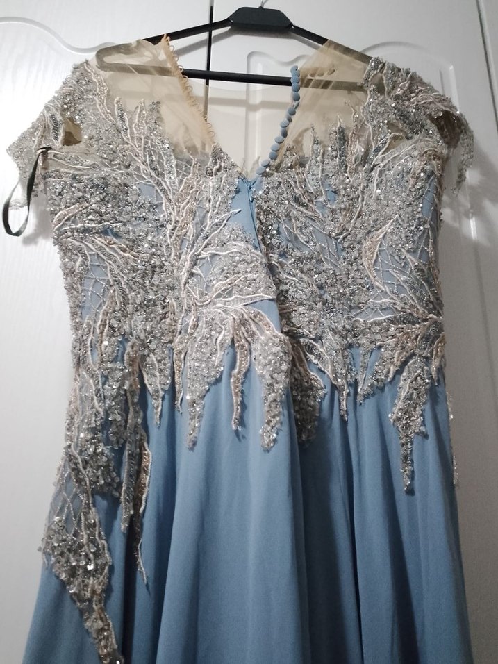 Nakışlı Mavi Uzun Abiye Elbise - Görsel 5