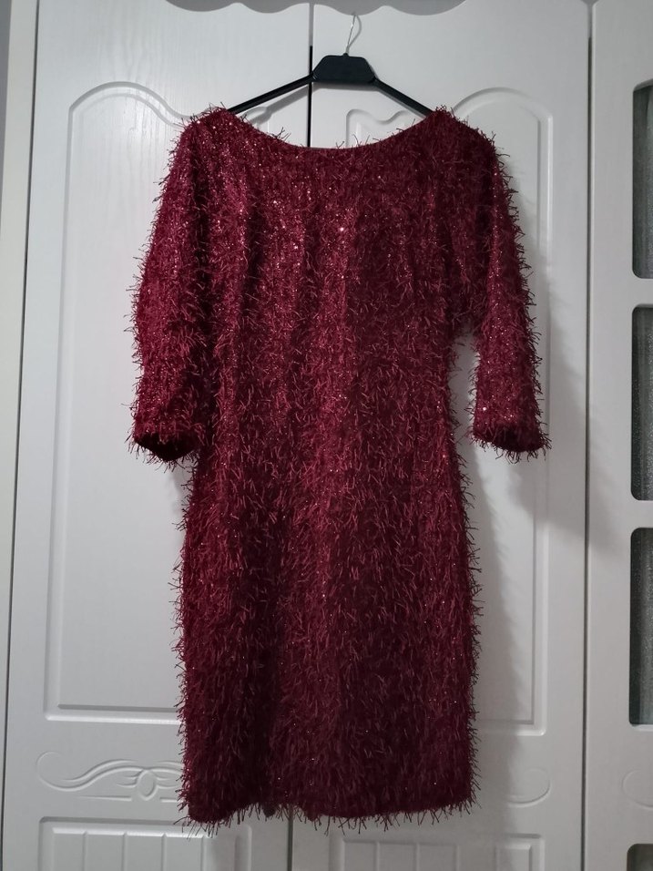 Bordo Triko Uzun Kollu Midi Elbise - Görsel 2