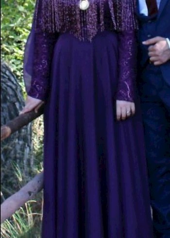 Uzun Kollu Mor Vintage Abiye Elbise - Görsel 2