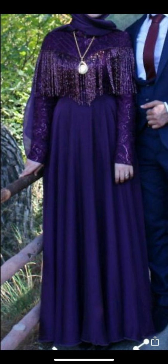 Uzun Kollu Mor Vintage Abiye Elbise - Görsel 2