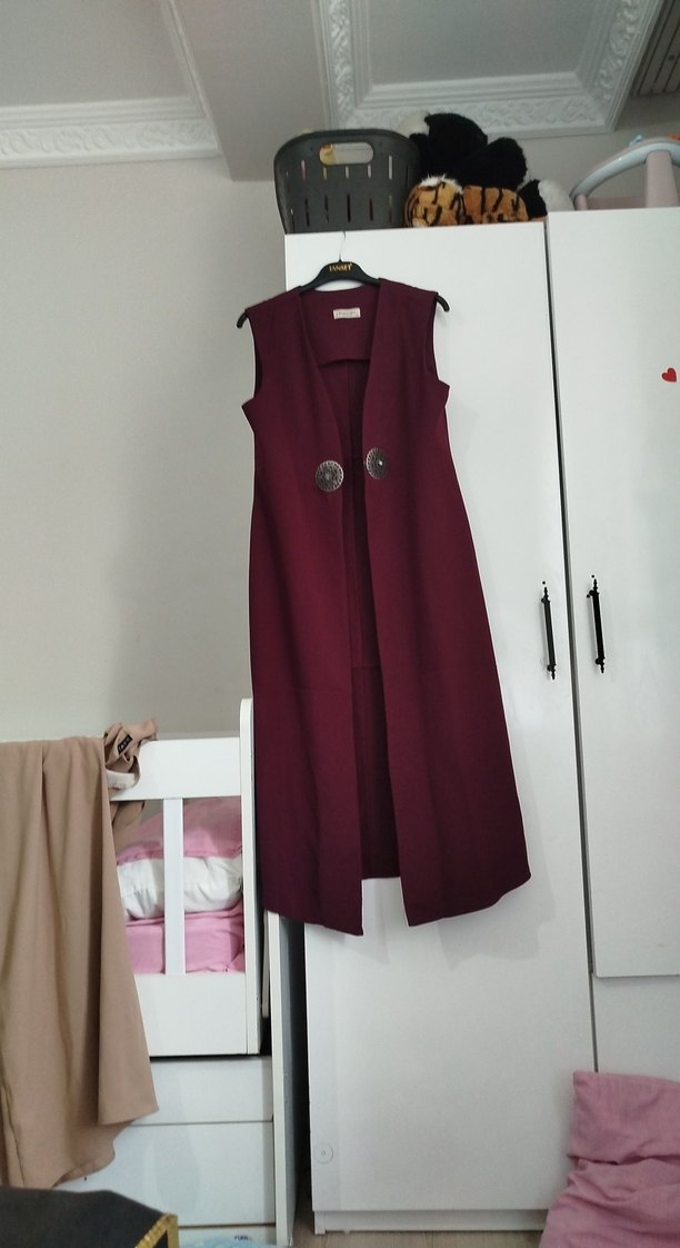 Bordo Süet Düğmeli Uzun Kadın Yelek - Görsel 3