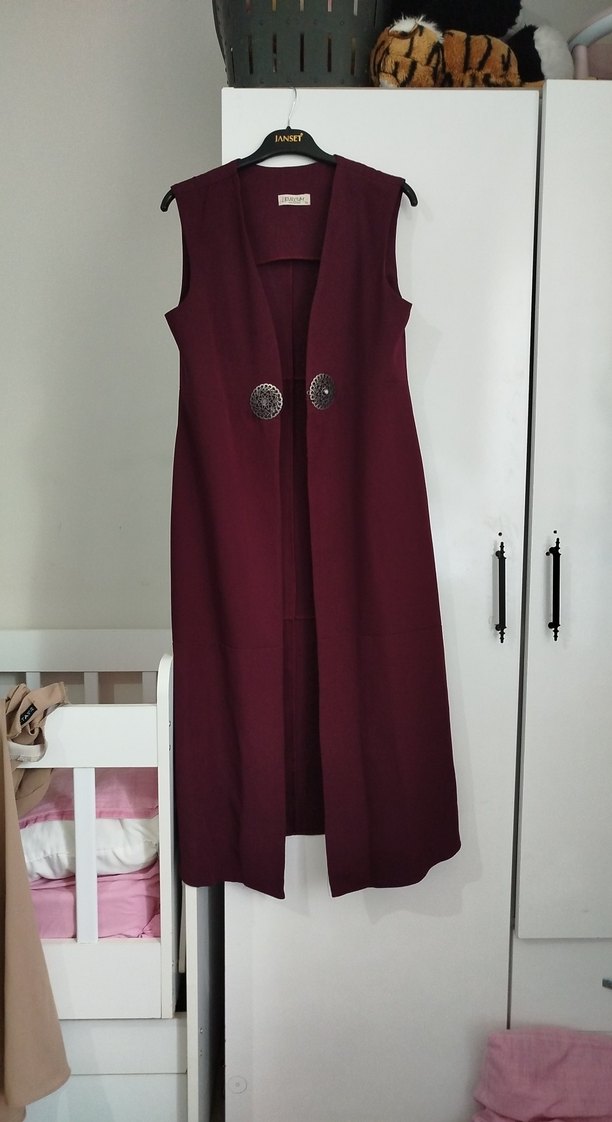 Bordo Süet Düğmeli Uzun Kadın Yelek - Görsel 2