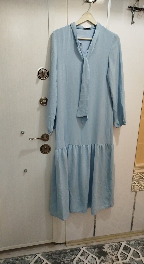 Mavi Uzun  Elbise, Salaş Kesim, Drapeli - Görsel 2