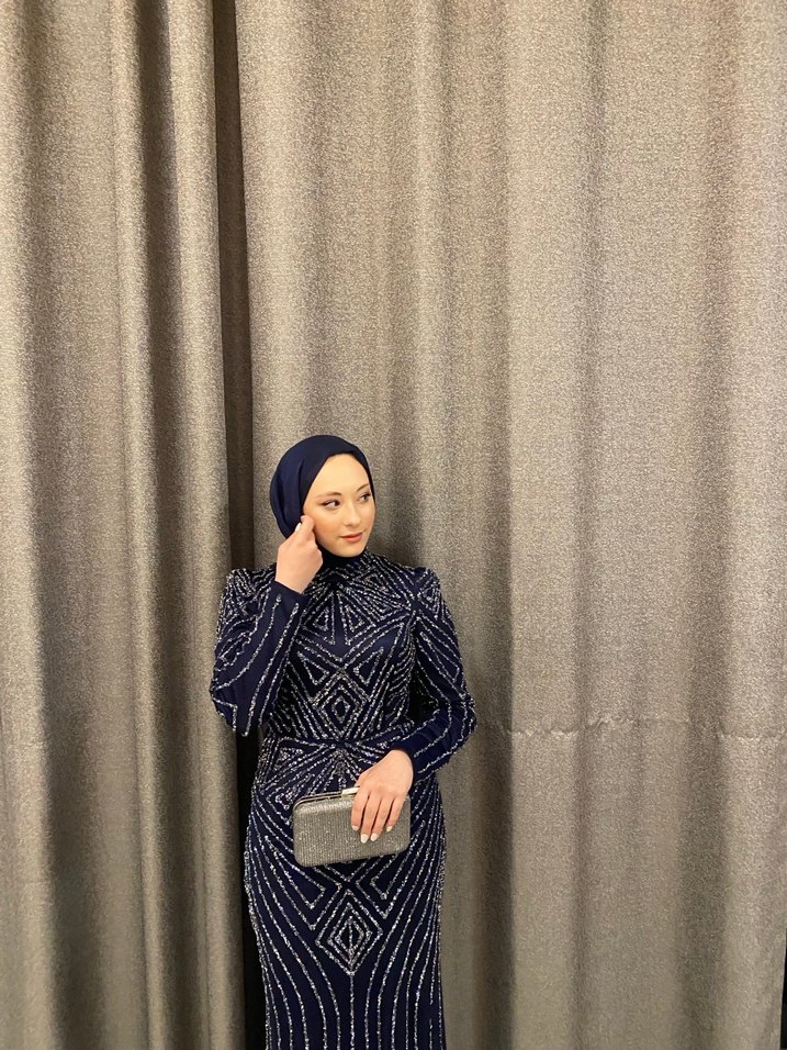 Uzun Kollu lacivert Abiye Elbise - Görsel 2