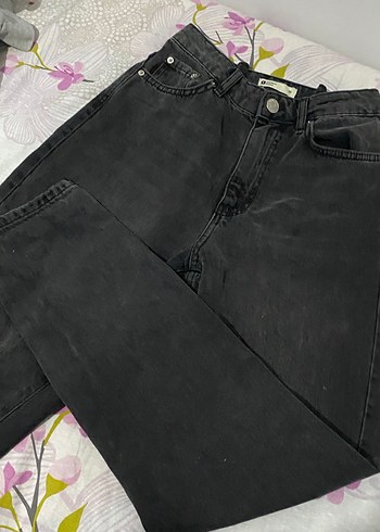 Düğmeli Siyah Gri Batik Desenli Bol Kesim Kadın Kot momjean - Görsel 2