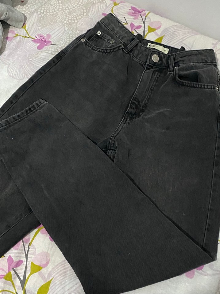 Düğmeli Siyah Gri Batik Desenli Bol Kesim Kadın Kot momjean - Görsel 2