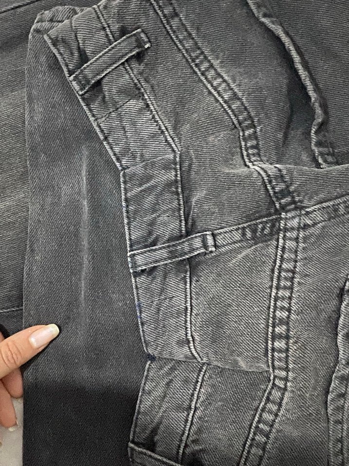 Düğmeli Siyah Gri Batik Desenli Bol Kesim Kadın Kot momjean - Görsel 4