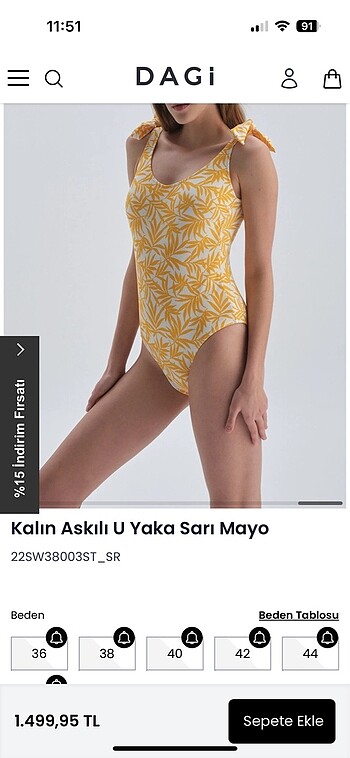40 Beden sarı Renk Dagi u yaka kalın askılı mayo