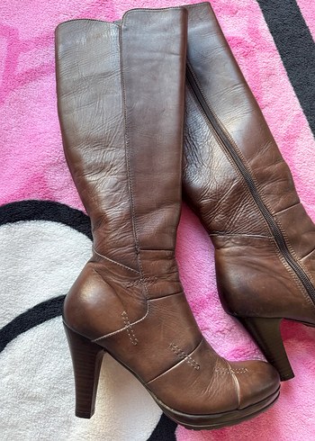 Kahverengi Deri Kadın Diz Boyu Çizme - Görsel 2