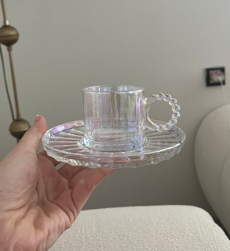 Şeffaf Kristal Kahve Fincanı ve Tabağı 2li - Görsel 2