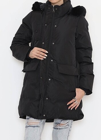Diğer Kapşonu Kürklü Şişme Mont Siyah - 4004.1555. (S/M/L/XL)