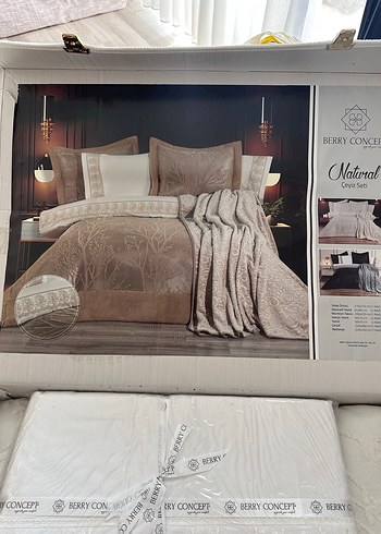 Krem dal işlemeli gelin yatak örtüsü seti - Görsel 2