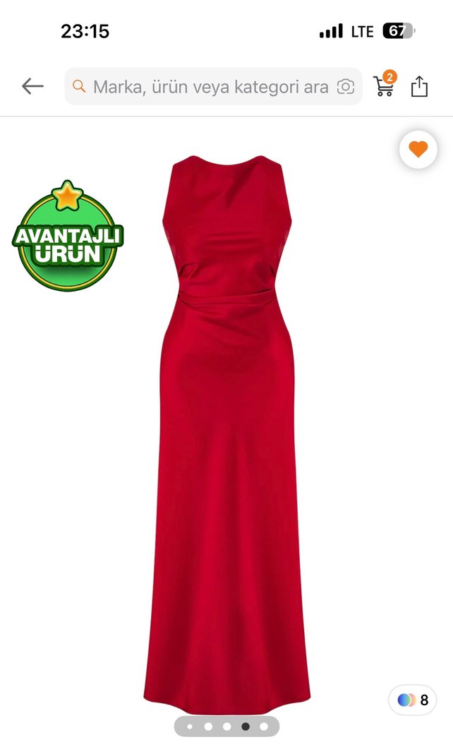 Kırmızı Saten Uzun V Yaka Drapeli Elbise - Görsel 4