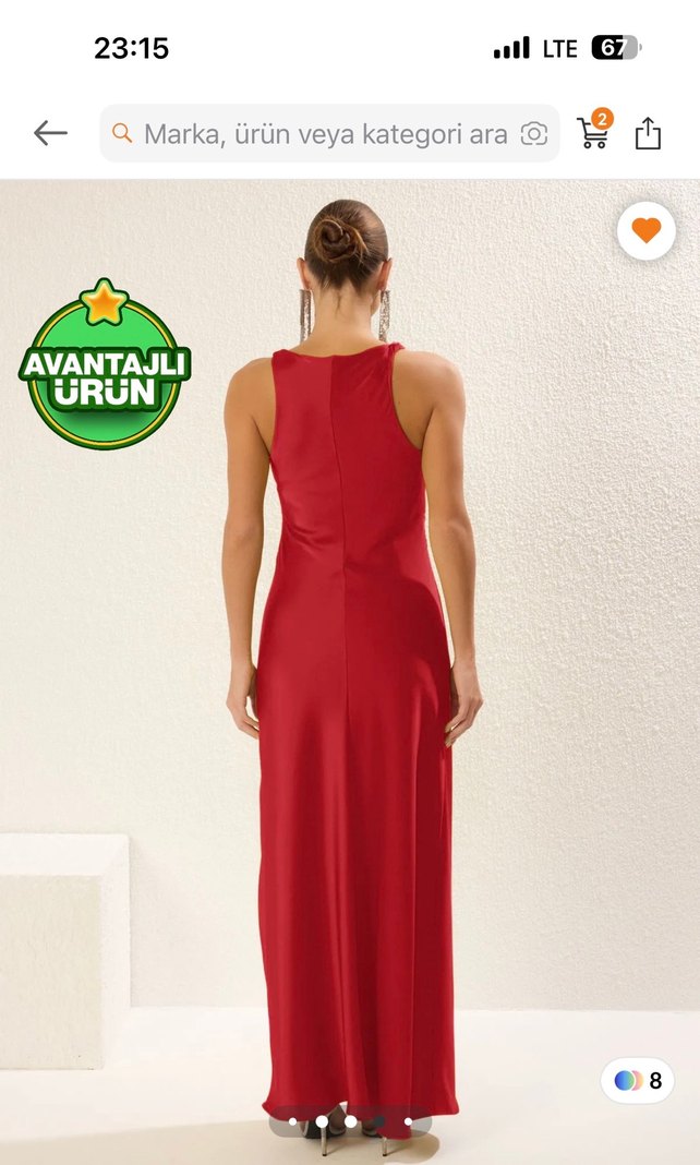 Kırmızı Saten Uzun V Yaka Drapeli Elbise - Görsel 3