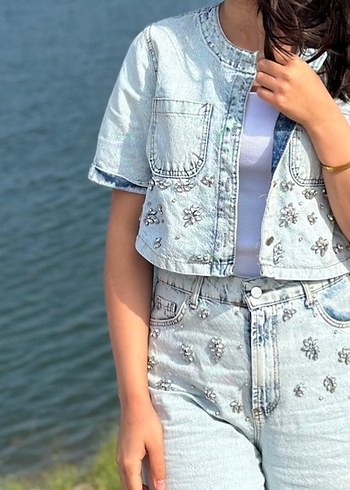 Pul Detaylı Kısa Kot Ceket pantolon takım - Görsel 2